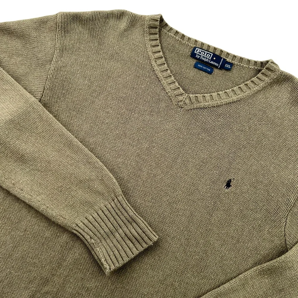 VTG Polo Ralph Lauren V-Neck Sweater Men XXL Olive Green Cotton Knit Ivy Prep